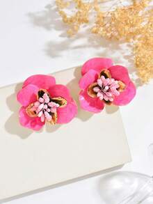 1 Pair Mori Style Sweet Fresh Floral Raffia Fabric Flower Tassel Earrings, Suitable For Women's Vacation And Daily Wear - Hot Pink - View 3