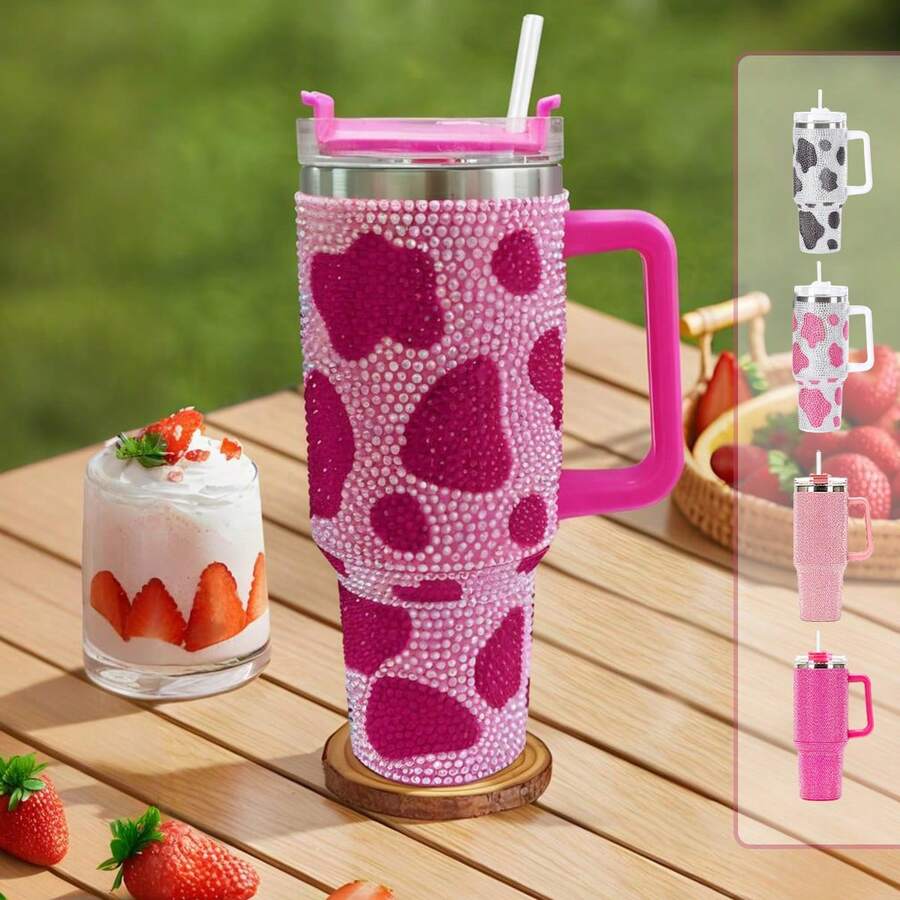 Vaso De 40oz Acero para café, taza grande, taza de viaje con tapa, aislamiento al aspiradora, bebidas calientes y frías, pajita y cepillo de limpieza, taza de viaje isotérmica de acero inoxidable reutilizable con diamantes Taza isotérmica de acero inoxidable / hervidor al vacío de acero inoxidable degradado en varios colores, como regalo navideño para novias, familias,Vaso de 40 oz con asa Nuestra botella de agua con asa es un regalo perfecto para aniversarios de bodas, cumpleaños, Día de San Valentín, Día del Padre, Día de la Madre, graduación, Acción de Gracias, Navidad, etc. - Rosa leche-rosa leche - Ver 1