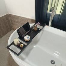 1 pieza Bandeja de bambú expandible para bañera, Bandeja ajustable para bañera, Estante de almacenamiento antideslizante, Soporte para bañera para el hogar, Puede sostener teléfono, computadora portátil, accesorios de baño, Organizador de baño - Negro - Ver 5
