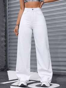 XIANGHE Pantalones de mezclilla unicolor de ajuste holgado para mujeres a la moda - Blanco - Ver 1