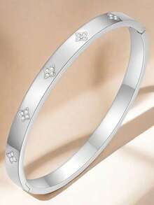 1pc Waterproof Luxury Colorful Cubic Zirconia Bangles Stainless Steel Open Bracelet Bangle 18k Plated Fashion Jewelry Women - Silver - View 7