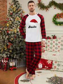 Personalized Christmas Pajama Set For Men, Red & Black Plaid Pants & Long Sleeve Name Printed Top, Unique Holiday Gift, Couple Christmas Pajama Set, Winter - Multicolor - View 6