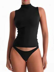 XLLAIS Crew Neck Sleeveless Solid Color Undershirt, Double-Layer Stretchy Slim Fit T-Shirt - Black - View 6