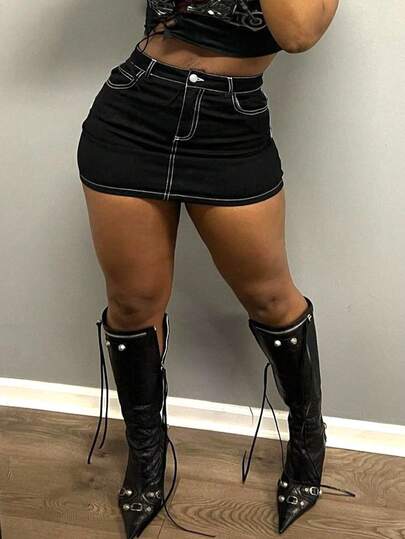 Women's Y2K High Waist Stretchy Denim Mini Skirt - Black Contrast Stitch Bodycon Hot Girl Denim Skirt