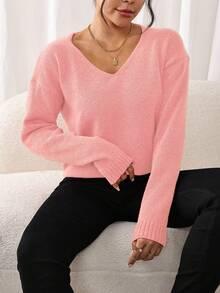 Áo len chui đầu nữ màu trơn, kiểu dáng thường ngày, đa năng, màu hồng, thích hợp cho mùa thu/đông. - Hồng - Xem 4