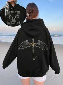 Women's Casual Printed Hooded Long Sleeve Sweatshirt Black Spring - Black - View 4