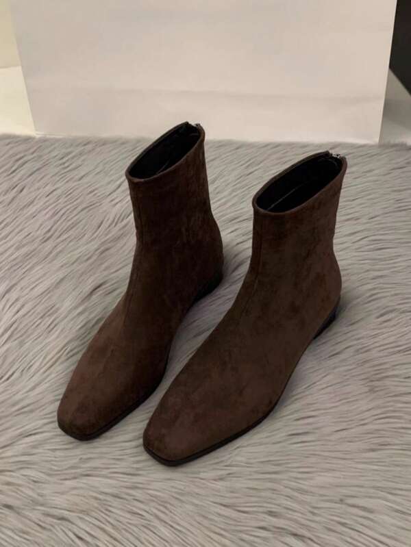 Botas de tobillo de gamuza con tacón grueso, estilo coreano, forro térmico, botas de tobillo y botines, botas clásicas, otoño, botas cortas y elegantes de color café para mujer