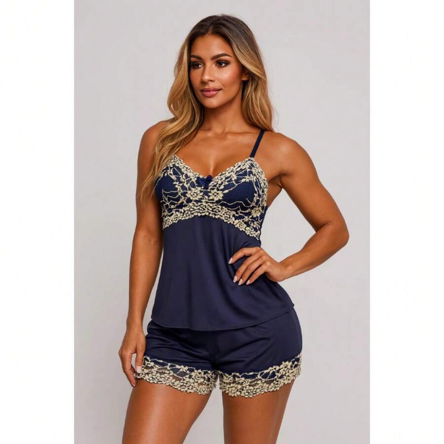 Baby Doll Renda Bicolor Romantico Sensual Conforto Presente BD159 - Azul Marinho - Visão 1
