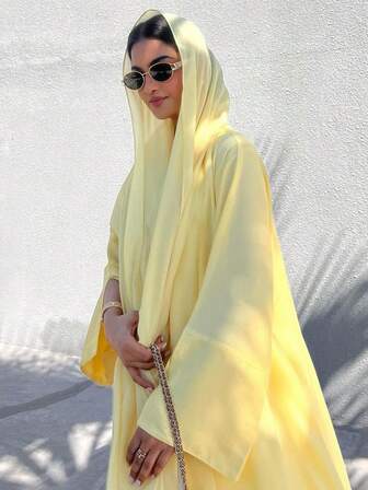 1 件纯色长款黄色 Jalabiya 长袍，开衩长袖时尚简约缎面纯色中东女式长裙，优雅开衫长袍适合日常穿着和节日