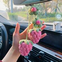 onEternal 1pc/2pcs Light Pink/Red Puff Simulation Strawberry Hanging Decoration, Handmade Crochet Car Interior Decoration, Mirror Bag Decoration, Handmade Crochet Christmas And Halloween