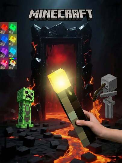 Minecraft Minecraft Torch, An Officially Licensed Minecraft Item, Can Be Hung On The Wall. It Comes In Single Color / 4 Colors / 7 Colors With Hooks (Hook Color Is Random), Rechargeable Mining Lamp, Color-Changing Weapon Toy Model, Computer Room Decoration, Outdoor Camping Decoration Is The Best Gift Decoration, A Flashlight Must Be Brought When Going Out, Adventure Torch (Keychain Version Is Also Rechargeable)