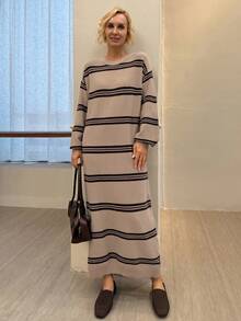 Livesso Robe pull casual à manches longues avec imprimé rayé, col rond, pour l'automne et l'hiver - Kaki - Voir 1