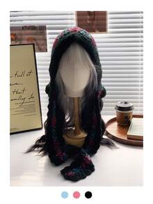 Vintage Grandma Plaid Hand-Crocheted Thick Yarn Balaclava Hat With Colorful Lace Ties, Earflap Beanie Scarf Combo, Warm Neck Gaiter Scarf Two-In-One Hat For Winter - Multicolor - View 18