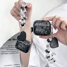 1 pieza Funda de auriculares con textura de concha negra minimalista y resistente a golpes + Funda de auriculares Bluetooth con cordón con forma de corazón compatible con Apple 1st/2nd/3rd/Pro/Pro 2nd Generation, diseño creativo para la nueva 4ta generación