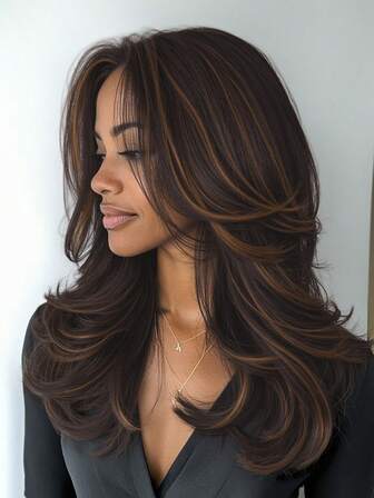 Long Straight Layered Wig Brown Highlight Wig Kinky Straight Middle Part Wig Wolf Cut Hush Cut Mixed Brown Yaki Hair Glueless Synthetic Wig Heat Resistant Fiber For Women Daily Party Use Suitable For All Ethnicities