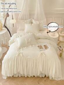 3pcs Princess Style Lace Bedding Set, White Bowknot Decor Duvet Cover & Pillow Shams (No Filling) - White - View 13