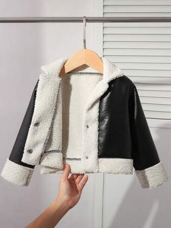 Baby Girls' Classic Lapel Thermal Lined Thick Black Faux Leather Jacket, Warm Outdoor Clothing For Autumn/Winter