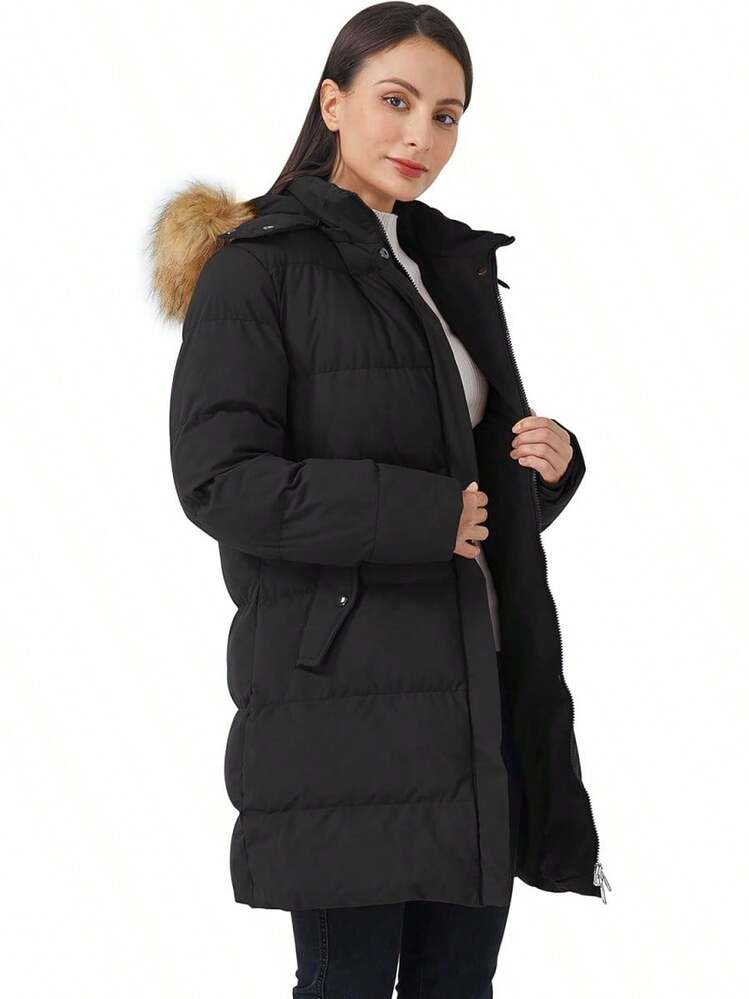 Women's Winter Thicken Puffer Coat Warm Jacket With Faux Fur Removable Hood - Light Blue - View 11