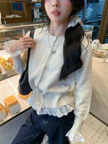 净色荷叶边饰带腰带开衫 - 杏色 - 查看 4