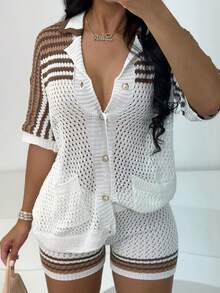 Yuwenier Casual 2Pcs Striped Pattern Button Front Short Sleeve Shirt Knitted Top Blouse Cardigan & Knit Shorts Beach Outfits For Woman