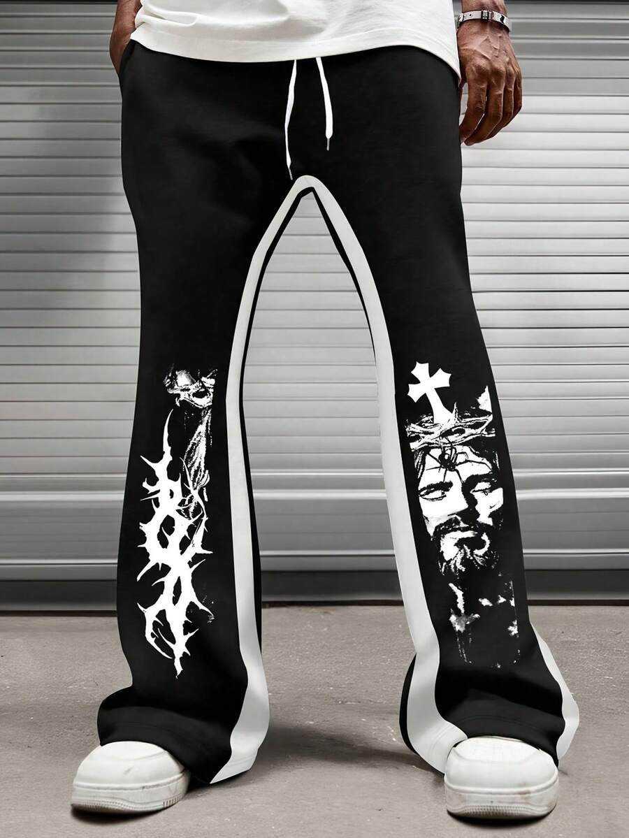 Y2k Men's Hip-Hop Style Drawstring Autumn And Winter Sweatpants, Loose Casual Sports Pants, 250g Polyester Soft Fabric, Machine Washable, Local Warehouse, Fashionable And Versatile, Straight Leg Pants Suitable For Back To School, Street, Outdoor Sports Wear - 黑色 - 查看 1