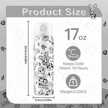 Official Tokidoki Unicorno Water Bottle, Cartoon Vacuum Reusable Insulated Stainless Steel 16.9oz Cup Thermoses With Locking Cover Leak-Proof - Đen và trắng - Xem 2