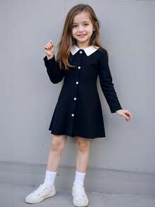 Elegante y dulce vestido de otoño para niñas, vestido de línea A de manga larga con cuello Peter Pan y bloques de color para niñas jóvenes - Azul Marino - Ver 6