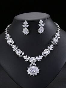 1 Set mit 3 Stücken Luxus Zirkonia Halskette & Ohrringe Schmuckset, Braut Hochzeit Party Verlobung Formale Blumen Dekor Accessoires Geschenk für Frauen