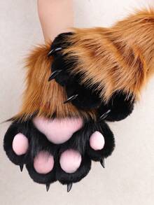 A Pair Of Furry Cat, Fox Paw Gloves - Suitable For Cosplay Halloween Fur Role Play, Rave Party Outfit Accessories And Animal Costume Set Accessories