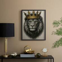 1pc Restickable Framed Lion Of Judah Art Print, Wood Frame, Biblical Inspired Regal Animal Wall Decor With Gold Crown & Scripture Accent, Spiritual Artwork For Living Room, Office, Or Prayer Room, Made In USA, Ready To Hang Art Prints - Black - View 3