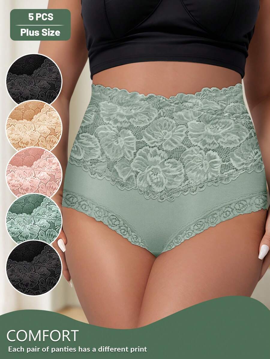 Morelect Paquete de 5 bragas de algodón de talle alto y control de abdomen para mujer de talla grande, con parches de encaje, cobertura total y diseño jacquard