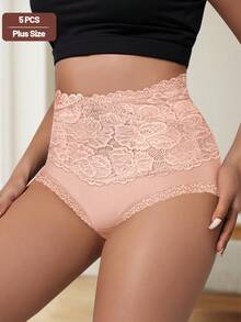 Morelect 5 件/包 女士加大码高腰收腹棉质三角裤，蕾丝拼接，全覆盖，提花图案 - 彩色 - 查看 4