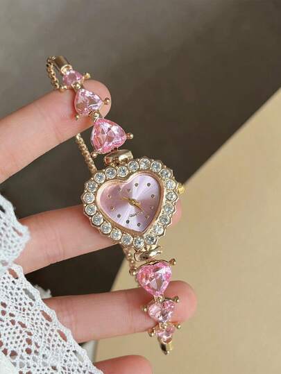 1pc Cute Candy Color Rhinestone Decorated Heart Dial Adjustable Steel Band Quartz Watch, Suitable For Teenagers And Students, Great For Birthday, Thanksgiving, Halloween Gifts