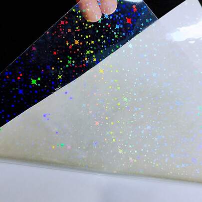 50 hojas de papel vinílico autoadhesivo con brillo de estrella holográfica, de 7,4 x 10,4 cm, lámina transparente holográfica, vinilo autoadhesivo
