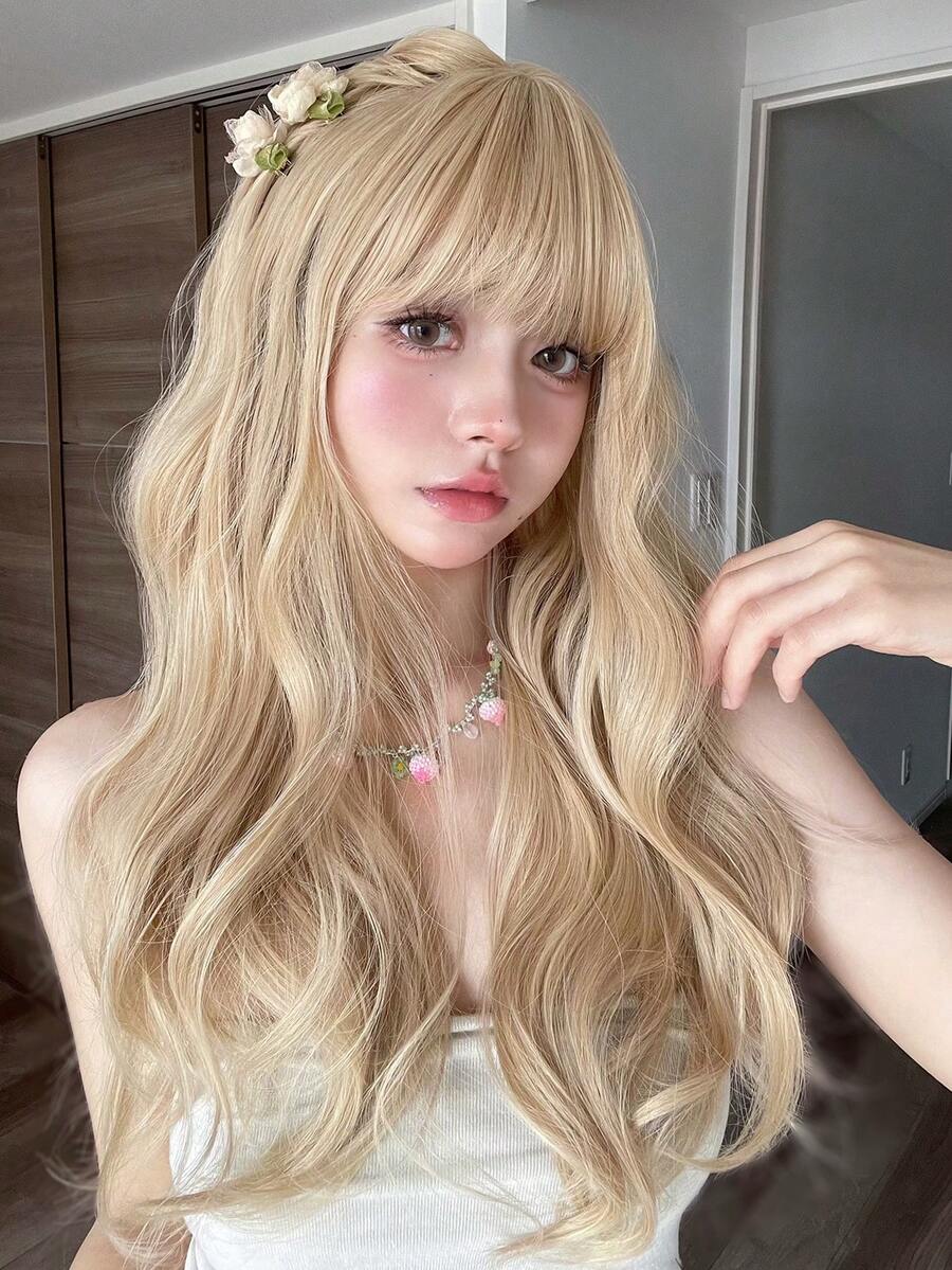 alicegarden 1 合成耐热假发，金色长卷假发，带刘海，24 英尺长，由纤维制成，适合日常使用，自然仿真假发 - 金色 - 查看 1