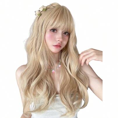 alicegarden 1 Tóc giả tổng hợp chịu nhiệt, tóc giả dài màu vàng cuộn có mái, dài 24 feet, làm bằng sợi, thích hợp sử dụng hàng ngày, tóc giả mô phỏng tự nhiên
