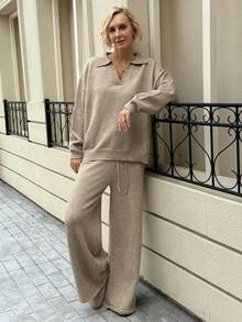 Livesso 2pcs Set Women's Solid Color Drop Shoulder Sweater And Wide-Leg Knit Pants Casual Loose Outfit,Fall Clothes - Camel - View 2