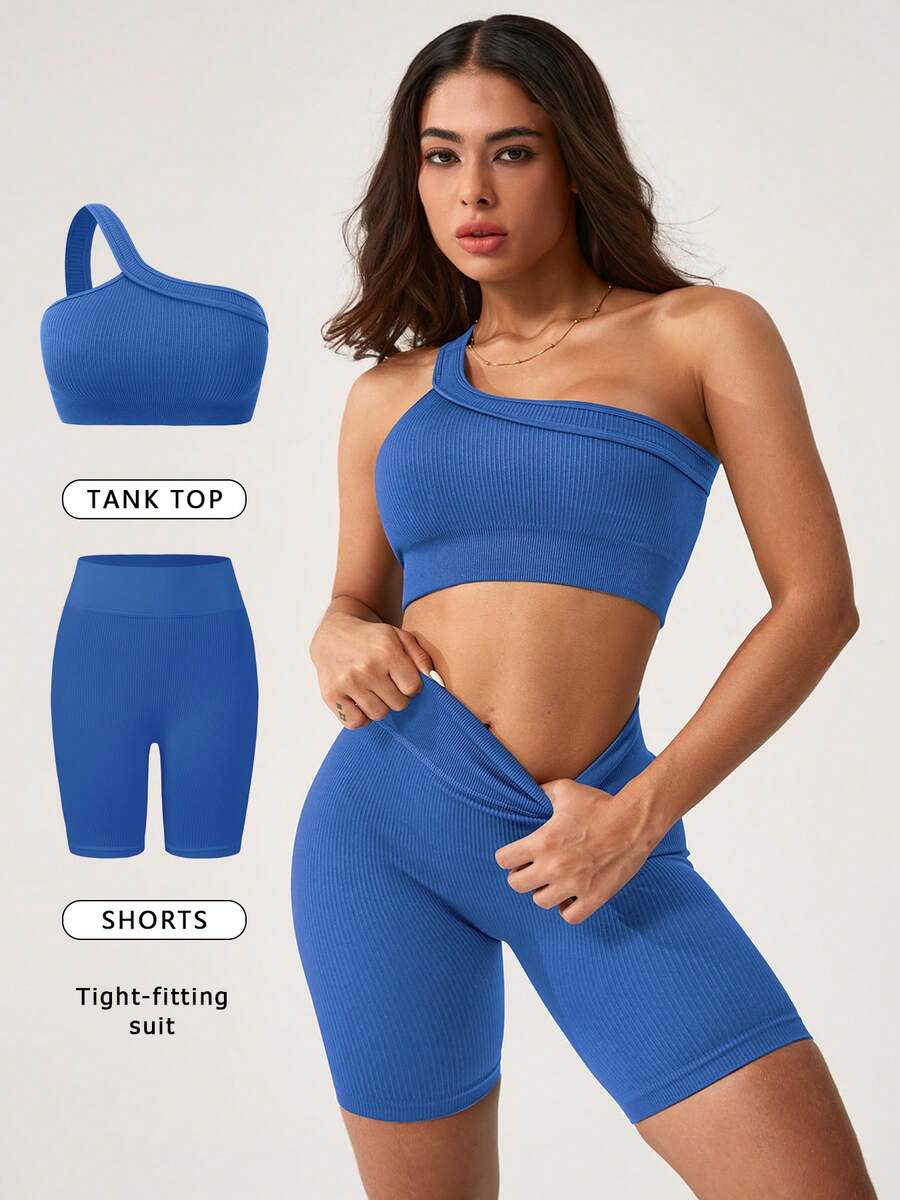 NcmRyu Women's Solid Color Sports Bra & Shorts Set - Minimalist Design, Stretchy Comfortable Activewear For Yoga, Fitness, Gym, Running & Outdoor Activities - 藍色 - 查看 1