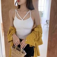 Tirantes para mujer sexy con cuello en V, Playera sin mangas para dama moda de color sólido con almohadillas de sujetador, tirantes negros blancos, talla única, para 40 a 70 kg - Blanco - Ver 2