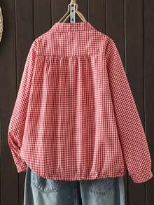 Vintage Plaid Button-Up Shirt For Women, Loose Fit, Slimming, Chinese Collar, Cardigan Style, Spring/Autumn