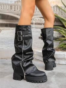 DareSee 秋冬新款女鞋，时尚圆头厚底过膝长靴，黑色、棕色、白色、米色百搭褶皱粗跟长靴，休闲翻边靴，舒适多场合百搭摩托车靴，舒适西部长筒骑马靴，圣诞礼物 - 黑色 - 查看 11