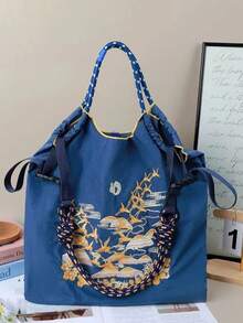 1pc New Fashion Embroidered Crane Pattern Lightweight Nylon Large Capacity Tote Bag, Adjustable Shoulder Strap, Suitable For Party, Travel, Shopping And Beach