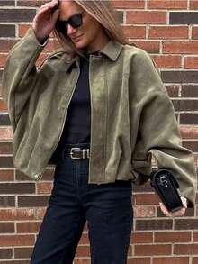 Women's Bomber Jacket Spring Coat Loose Long Sleeves Zip Vintage Jacket Ladies New Jacket Green Outerwears