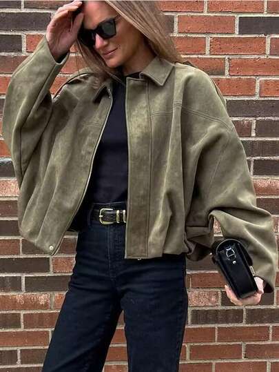 Women's Bomber Jacket Spring Coat Loose Long Sleeves Zip Vintage Jacket Ladies New Jacket Green Outerwears