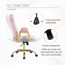 Velvet Home Office Chair With Gold Arms And Legs Comfortable Upholstered Tufted Swivel Desk Chair Comfy With Wheels For Girls Women Study Bedroom Living Room Pink - 粉色 - 查看 7