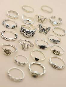 Bộ 21 chiếc nhẫn cổ điển nhiều chất liệu, thích hợp để đeo hàng ngày. - Màu Bạc Cổ - Xem 3