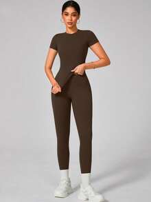 1 Set Solid Color Soft Moisture Wicking Crew Neck Short Sleeve Top And Elastic Yoga Sports Pants Comfortable Activewear For Fitness Gym Running And Outdoor Activities Summer Conjunto Deportivo Mujer - 咖啡棕 - 查看 2