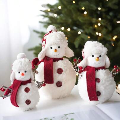 1pc, Christmas Plush Knitted Snowman Ornaments, Striped Scarf, Button Eyes And Fluffy Pompom Hat, Soft Fabric Resin/Polyester Material, Home Desktop Ornaments, Christmas Holiday Decoration, Suitable For Bookshelf Display Home Decor Christmas Decorations Room Decor Winter