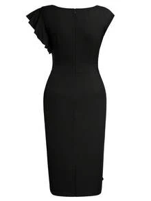 MIUSOL Elegant Women's Black Vintage Solid Ruched Asymmetrical Sleeve Ruffle Trim Fitted Dress For Cocktail Party, Business Casual, Back To School - 黑色 - 查看 8