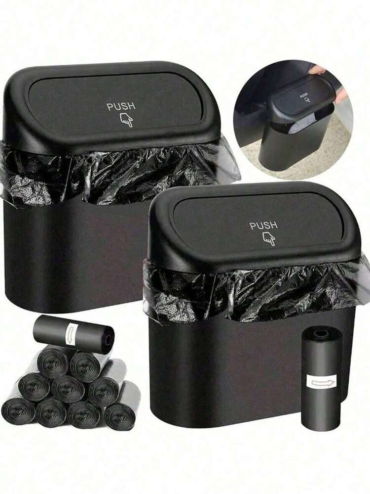 1pc Plastic Car Trash Can With Lid, Universal Car Garbage Can That Can Be Hung On Car Door, Comes With Trash Bags - A - View 1